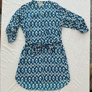 Maeve Blue Resort Dress with 3/4 Bishop Sleeves and Mandarin Collar